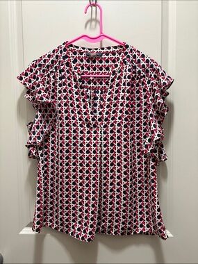 Tommy Hilfiger Red and Navy Geometric Ruffle Sleeve Blouse